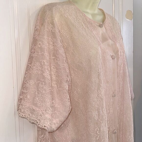 Vtg 60s Vanity Fair light pink lace double layer nylon button front short robe - Picture 5 of 12